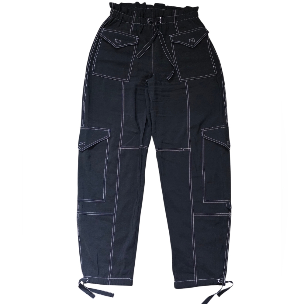 GANNI Wide Leg Cargo Pants Black with White Stitching Size 38 - Picture 9 of 11
